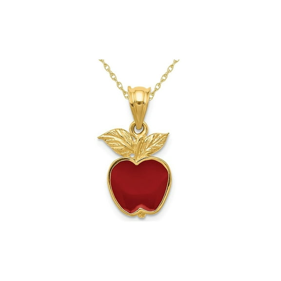 Gem & Harmony 14K Yellow Gold Red Enamel Apple Charm Pendant Necklace with Chain for Women