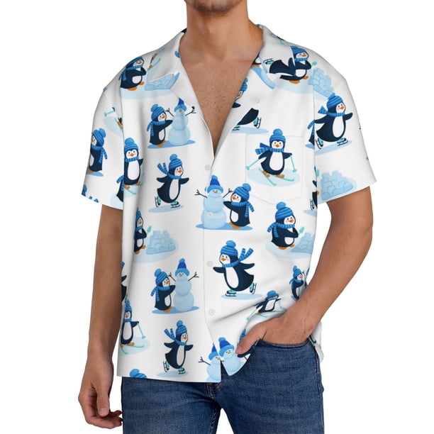 Fotbe Penguin Winter Fun Camisa Estampada de Manga Corta para Hombre, Casual de Verano, Estilo Playero, Sin Arrugas-Small