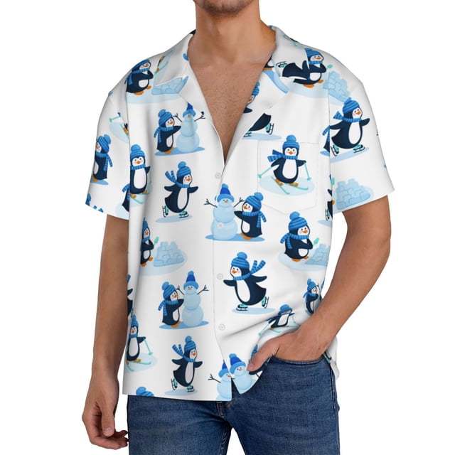 Fotbe Penguin Winter Fun Camisa Estampada de Manga Corta para Hombre, Casual de Verano, Estilo Playero, Sin Arrugas-3X-Large