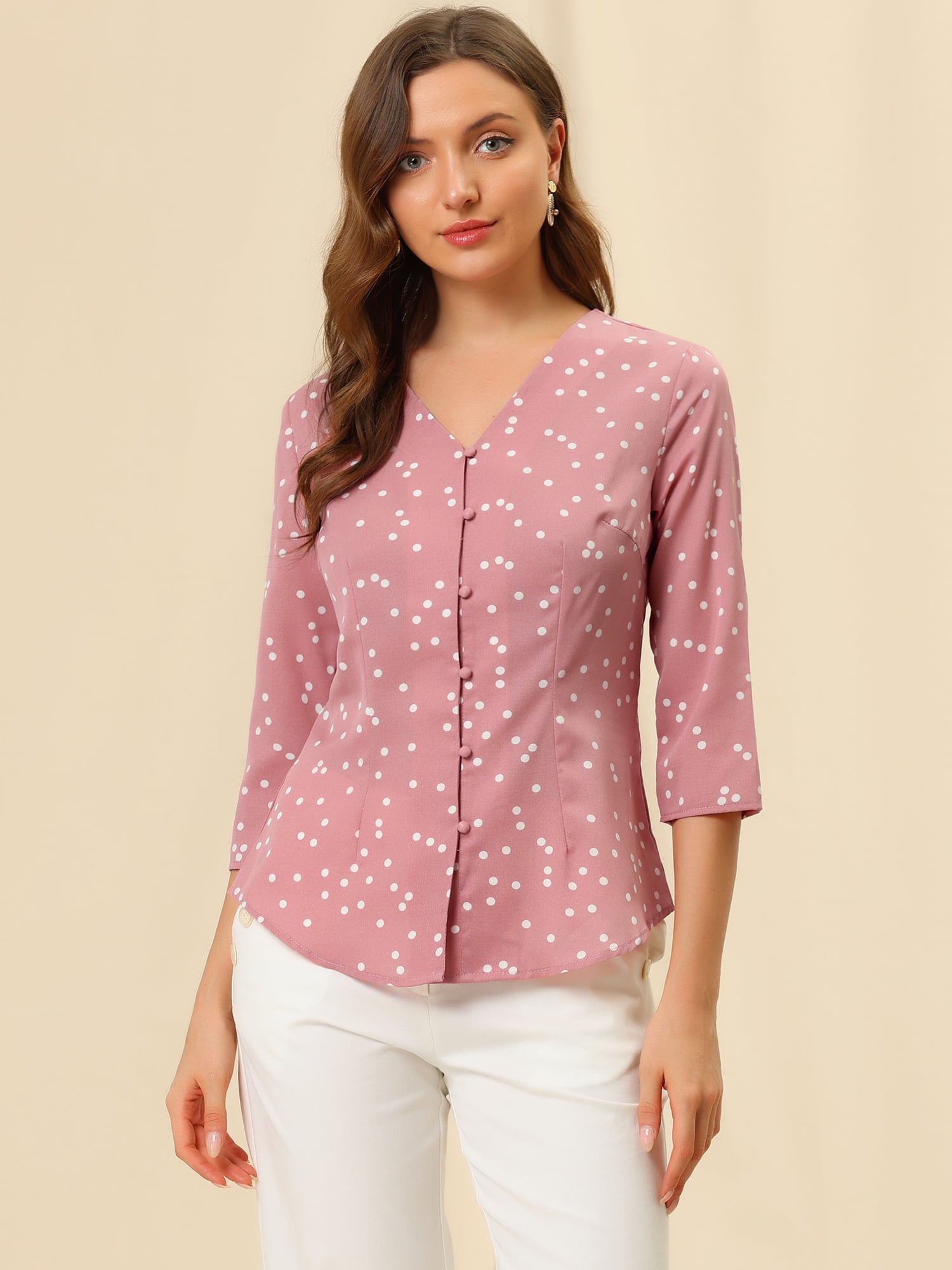 DARING DIVA Women's V Neck Polka Dots 3/4 Sleeve Casual Button Blouse XS Pink