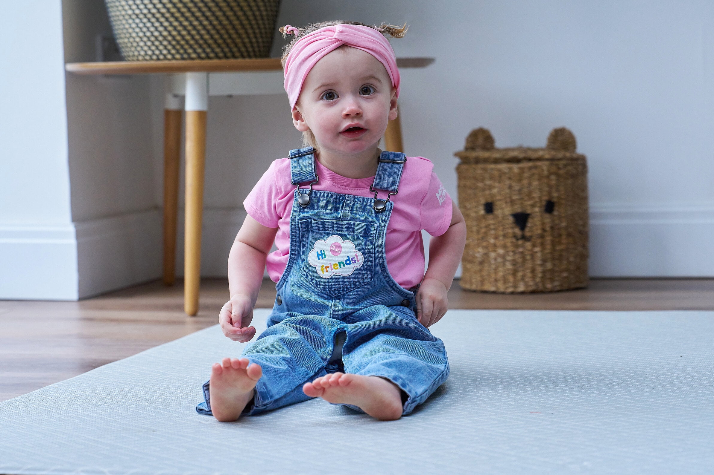 Ms. Rachel Denim Square Neck Vintage Wash Cosplay Overall, T-Shirt and Headband 3 Piece Outfit Set Infant to Toddler
