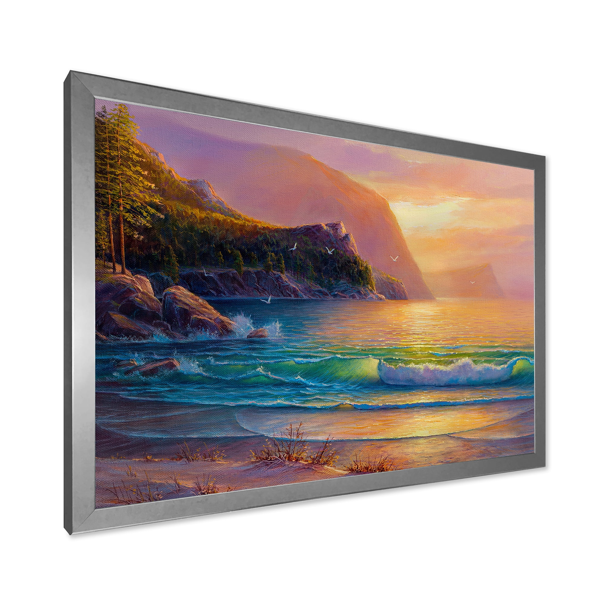 Romantic Beach During Warm Evening 20 in x 12 in Framed Painting Canvas Art Print, by Designart
