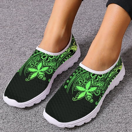 

Tribal Polynesian Plumeria Flower Prints Flat Shoes for Women Light Slip-on Casual Loafers Summer Cool Mesh Sneakers