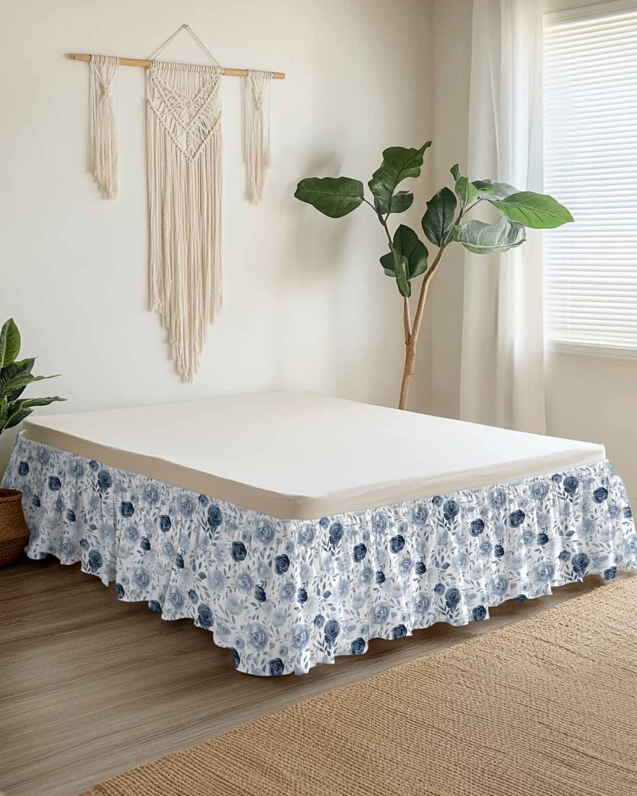 Blue Flowers Wrap Around Bed Skirts for Queen Bed 16" Drop,Bed Skirt with Adjustable Elastic Belt Dust Ruffle Bed Valance for Bedroom Hotel Watercolor Rustic Retro Floral Leaf Vines Bed Frame Cover