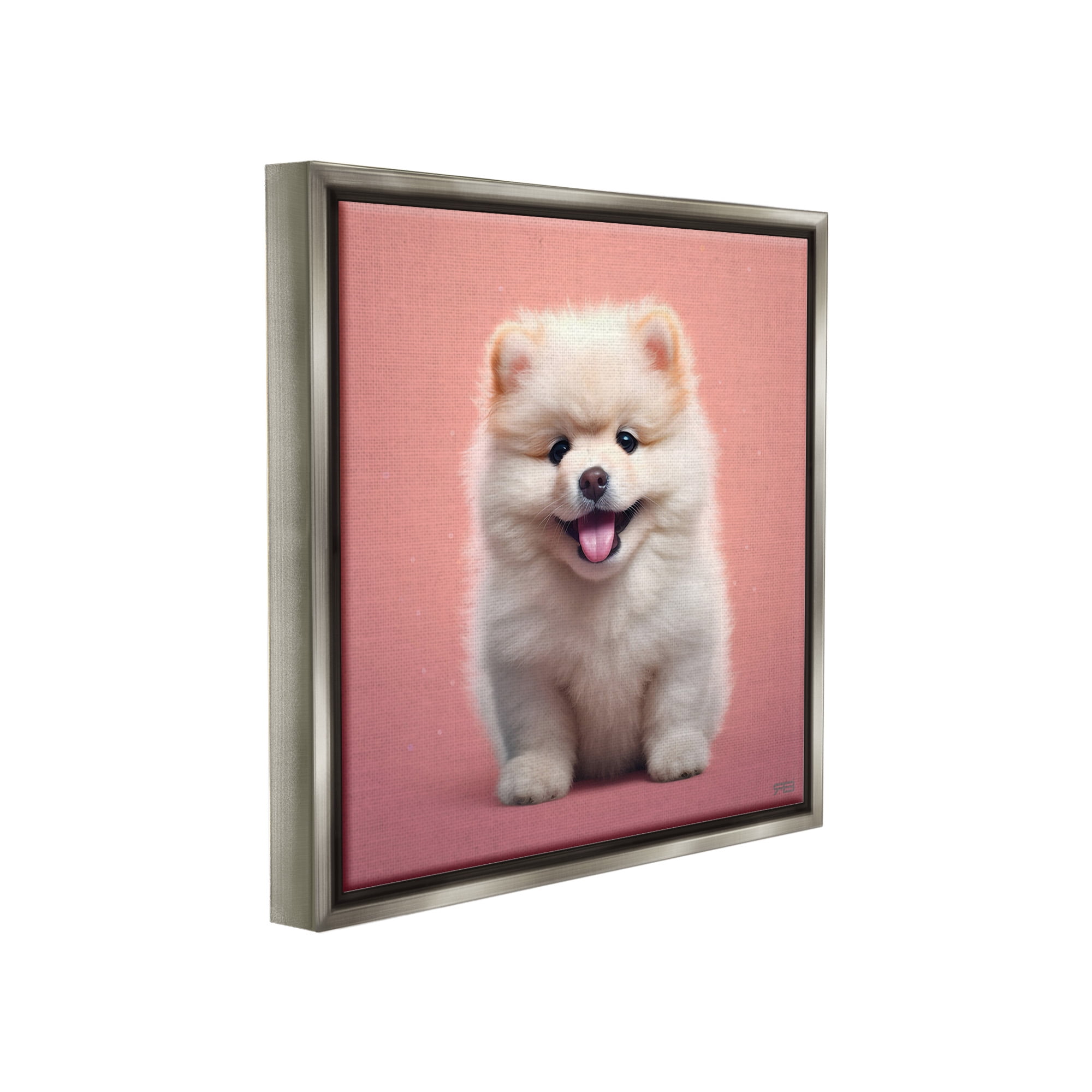 Stupell Industries Fluffy Puppy on Pink Animals & Insects Painting Gray Floater Framed Canvas Art Print Wall Art, 25 x 25