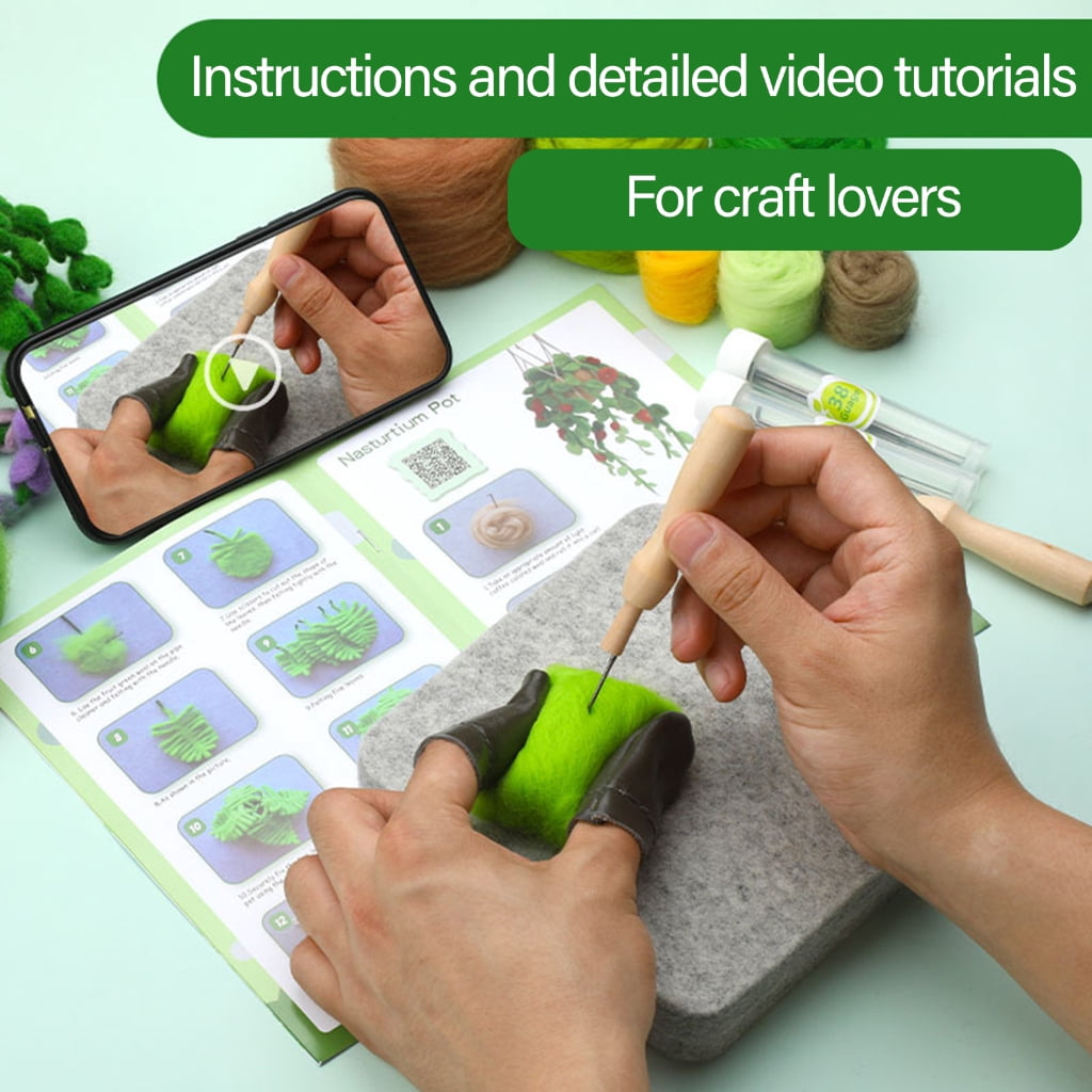 JZROCKER Hanging Potted Plant Needle Felting Supplies Beginner Needle Felting Tool with Instruction Wool Roving and Wood Handle