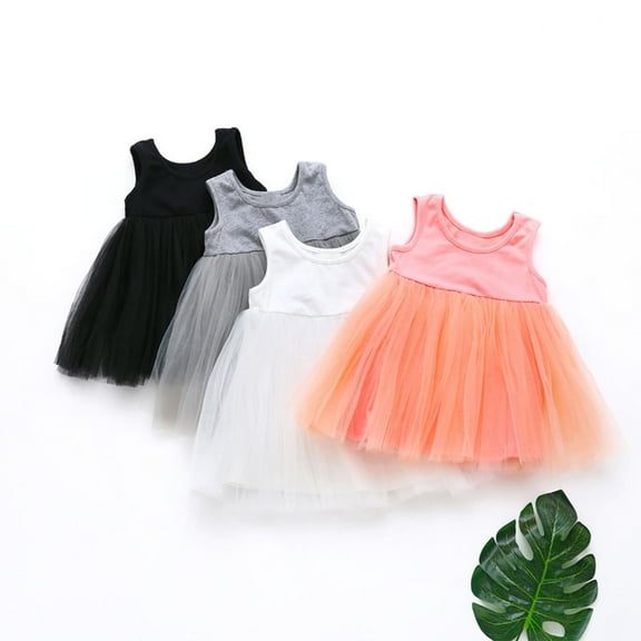 Ahuyic Little Girl Dresses,Kids Summer Casual Dresses,Toddler Kids Girls Cute Solid Color Sleeveless Mesh Stretchy Wrinkle Camisole Dress A Line Dress