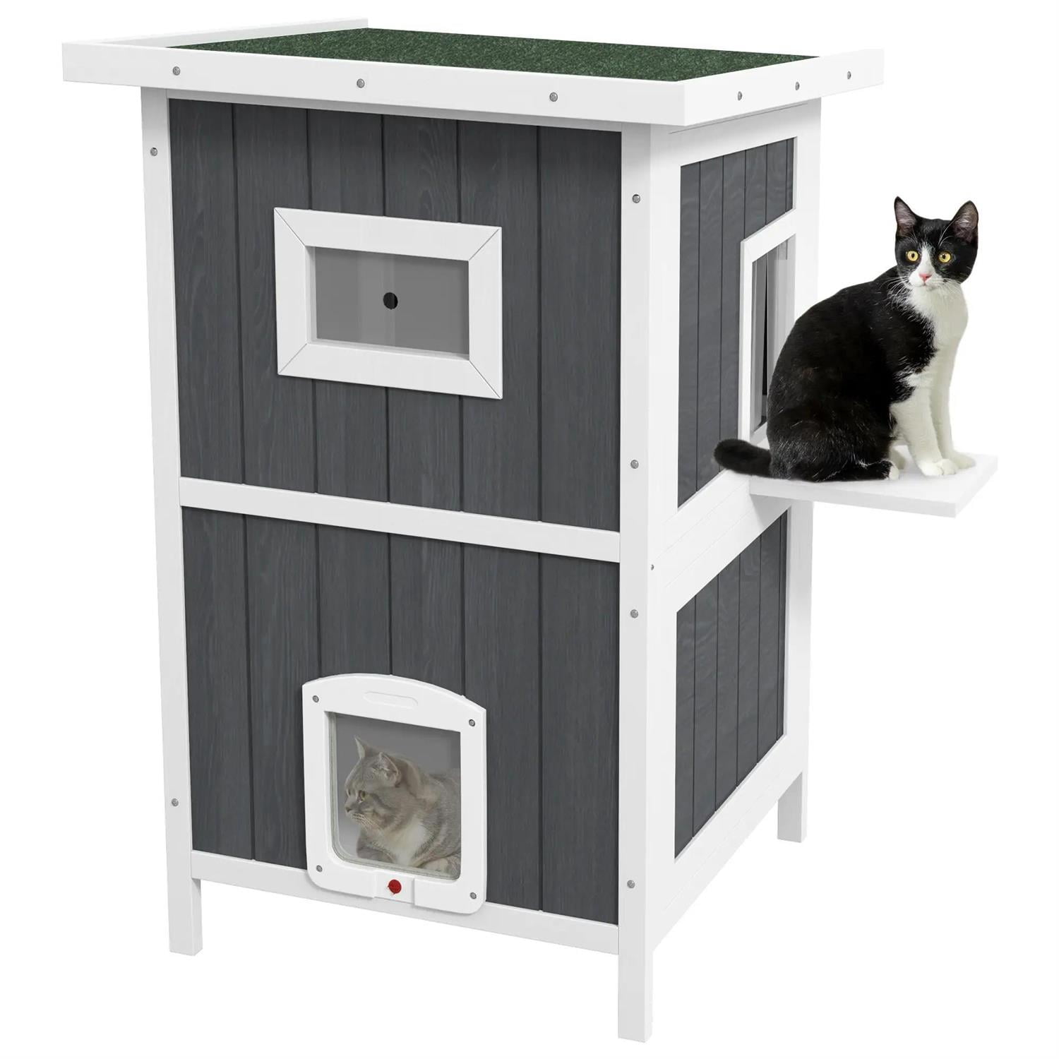 Pefilos Outdoor Weatherproof Cat House with Removable Floor, Escape Doors, Wooden Feral Shelter for Cats and Small Animals, Gray