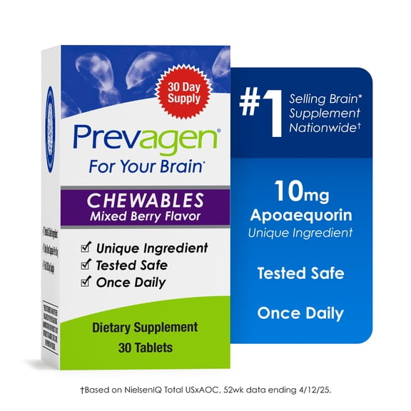 Prevagen Improves Memory - Regular Strength 10mg, 30 Chewable Tablets Mixed Berry Flavor with Apoaequorin & Vitamin D & Brain Supplement, Supports Healthy Brain Function