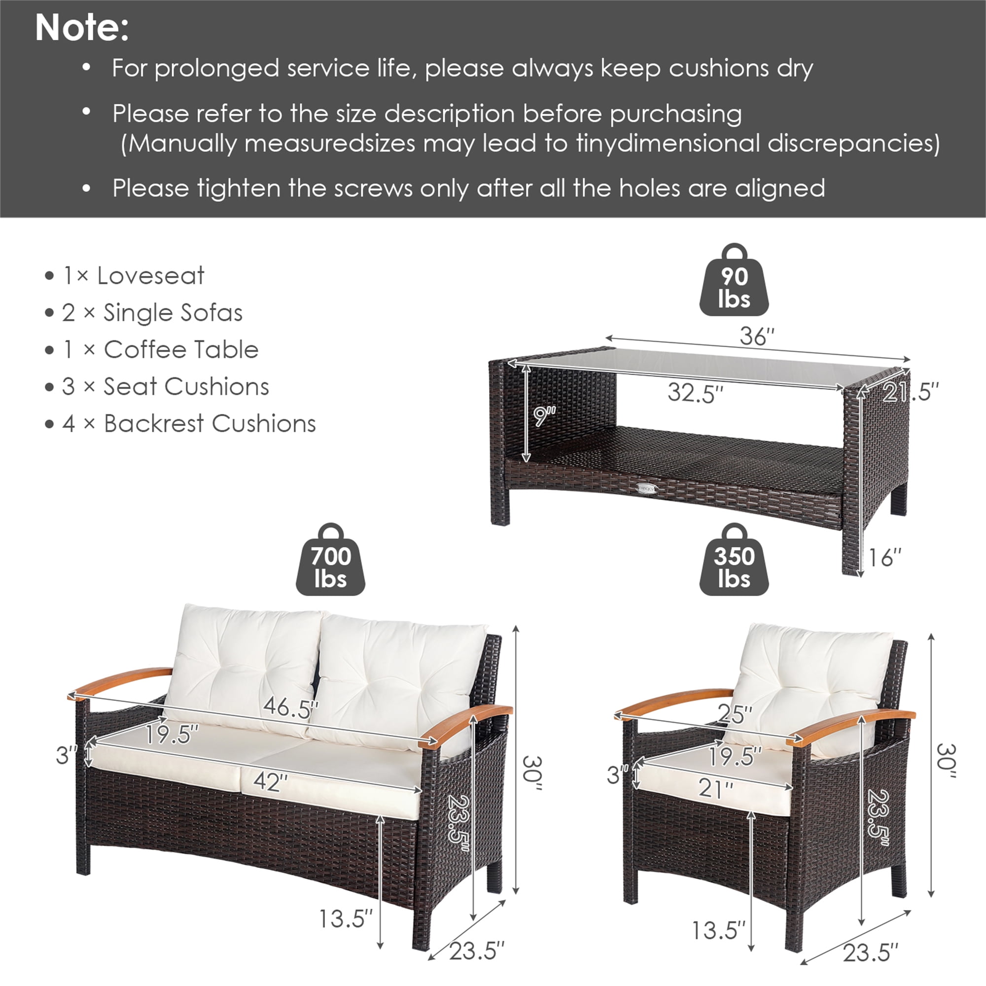 Gymax 4PCS Patio Conversation Set Rattan Sofa Furniture Set w/ Off White Cushions