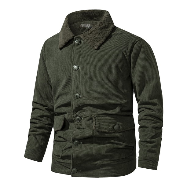 Hombres Casual Solid Pana Plus Fleece Engrosamiento Turndown Chaqueta de botón de manga larga con bolsillos Pompotops oipoqjl37581