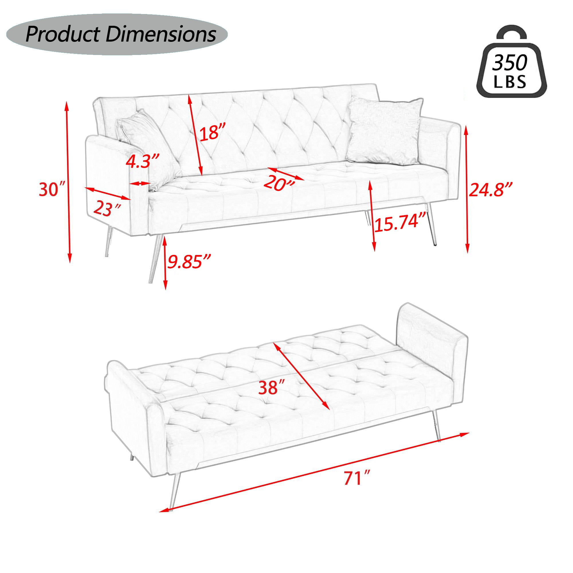 Jopath Velvet Futon Sofa Bed,Convertible Sleeper Couchwith Adjustable Backres & 2 Pillows for Small Spaces,Living Room,Gray02