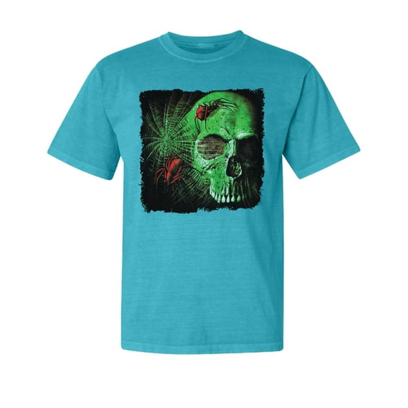 Wild Bobby,Creepy Bug Insect Skeleton Skull Face, Streetwear, Garment-Dyed Washed Look Short Sleeve T-Shirt, Blue Lagoon, Small