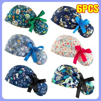 6 Pcs Scrub Caps with Buttons Adjustable Bouffant Hat Ponytail Holder Tie Back Scrub Caps 6PCS Women Bouffant Scrub Hats Caps Nurses  main image 2