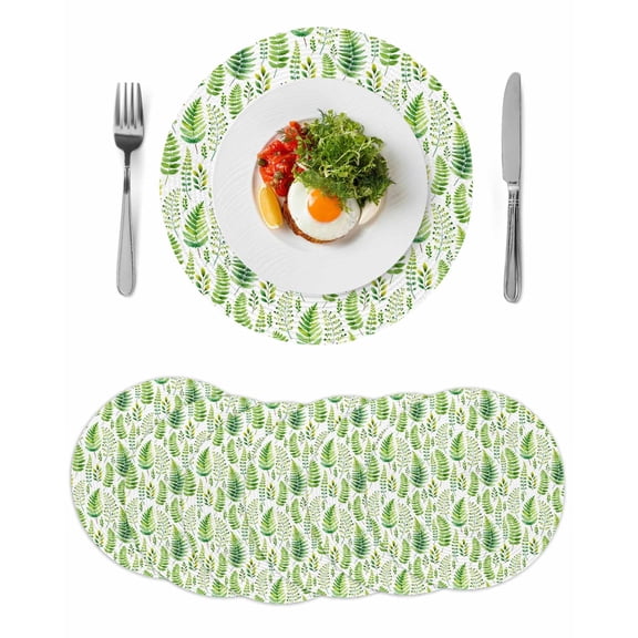 Spring Leaves Round 15 Inch Placemats Set of 6, Pastoral Garden Botanical Watercolor HeatResistant Non Slip Place Mats for Dining Table, Wipeable Braided Kitchen Table Mats for Housewarming