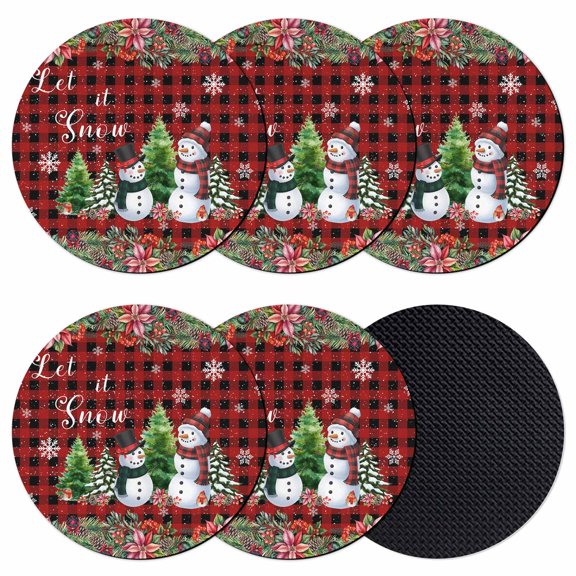 Red Plaid Christmas Coasters Set of 6, Absorbent Coasters for Drinks, Snowman Snowflake Xmas Tree Winter Coaster for Desk Coffee Table Protection, Home Decor House Warming Gifts 4"