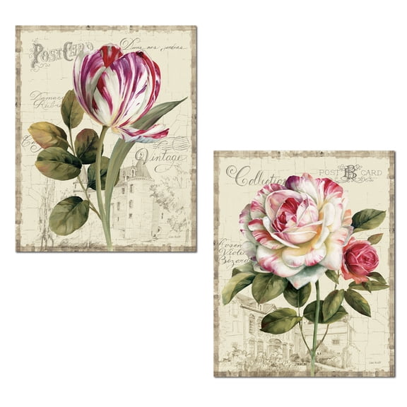 Beautiful Post Card-Style Rose and Tulip Print Set by Lisa Audit; Floral Decor; Two 11x14in Poster Prints