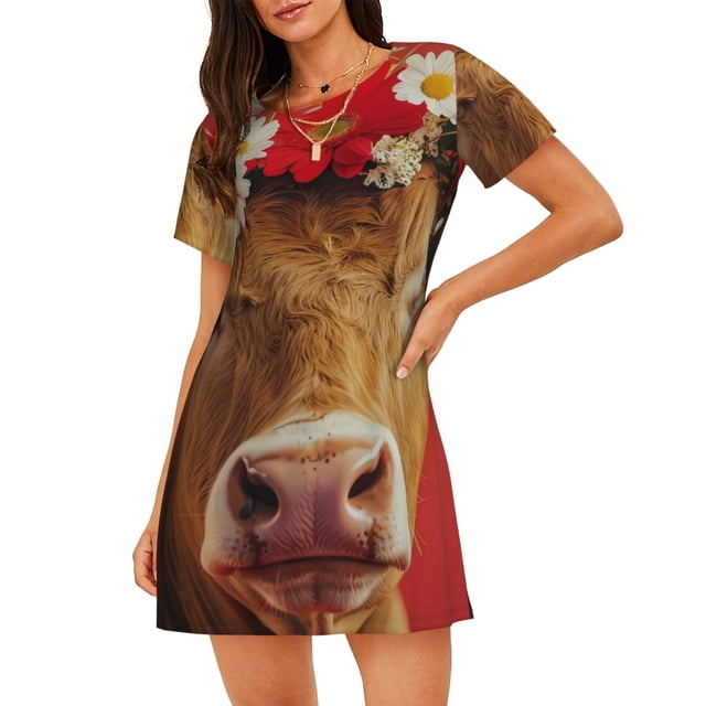 Balery White And Red Daisy Cow Camisón de manga corta con cuello redondo para mujer, cómodo y elegante.