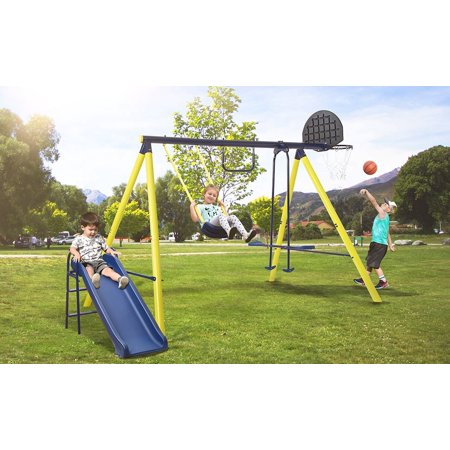 Children s Swing  5 in 1 Outdoor Toddler Swing Set for Backyard  Playground Swing Sets with Steel Frame  Swing n  Slide Playset for Kids with Seesaw Swing  Basketball Hoop