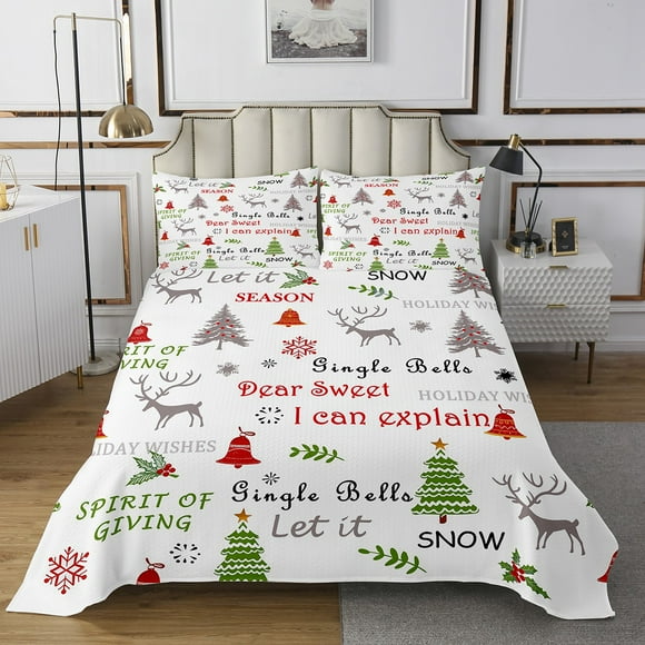 YST Kids Christmas Bedspread Set Cartoon Xmas Decorations Pattern Quilt Set, Cute Christmas Bell Festival Deer Coverlet Set Snowflake Pine Tree Quilts King With 2 Pillow Cases (White)