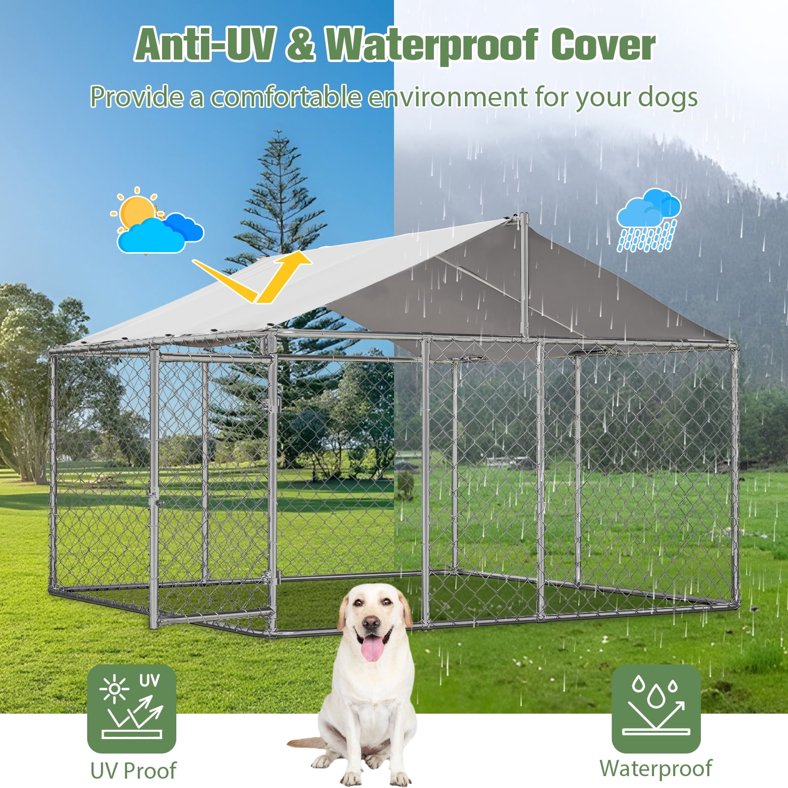 RocVanc 10'x10' Outdoor Dog Kennel with Metal Dog Gate, Outdoor Dog Enclosure with Roof, Heavy Duty Dog Kennel for Outdoor Backyard Farm