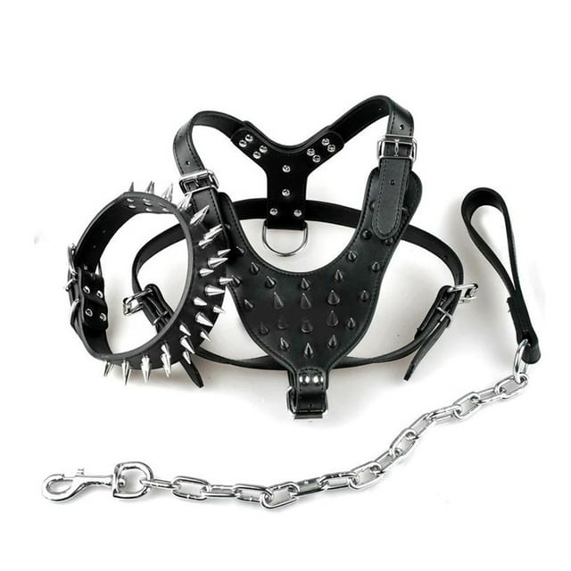 Harnais Anti-Morsure pour Chien avec Rivets Cloutés Réglables Collier en Cuir pour Bulldog