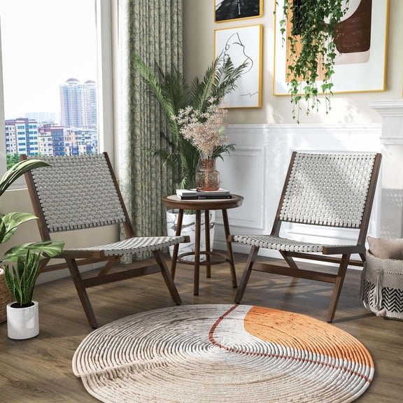Jiny Aluminum and PE Wicker Indoor/Outdoor 3-Piece Table and Chair Set, Walnut and Light Gray