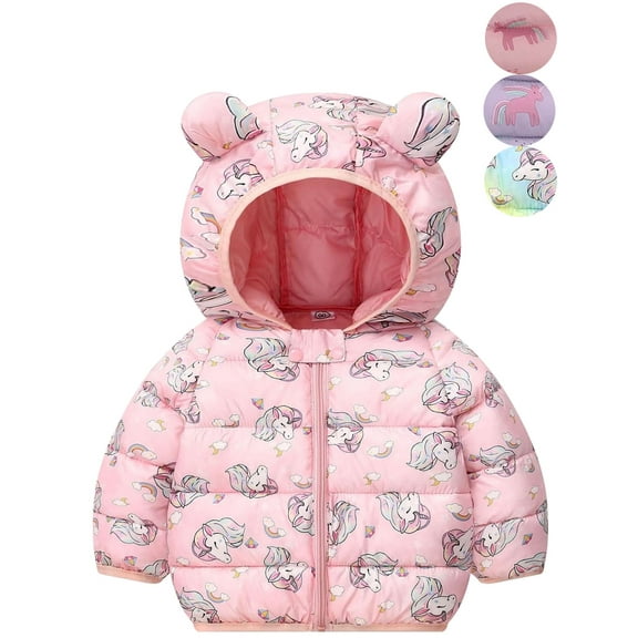 ATAIKU 1-6T Unicorn Winter Coats Puffer Padded Jacket for Toddler Girls Kids Light Outwear Cute Bear Ears with Hoods