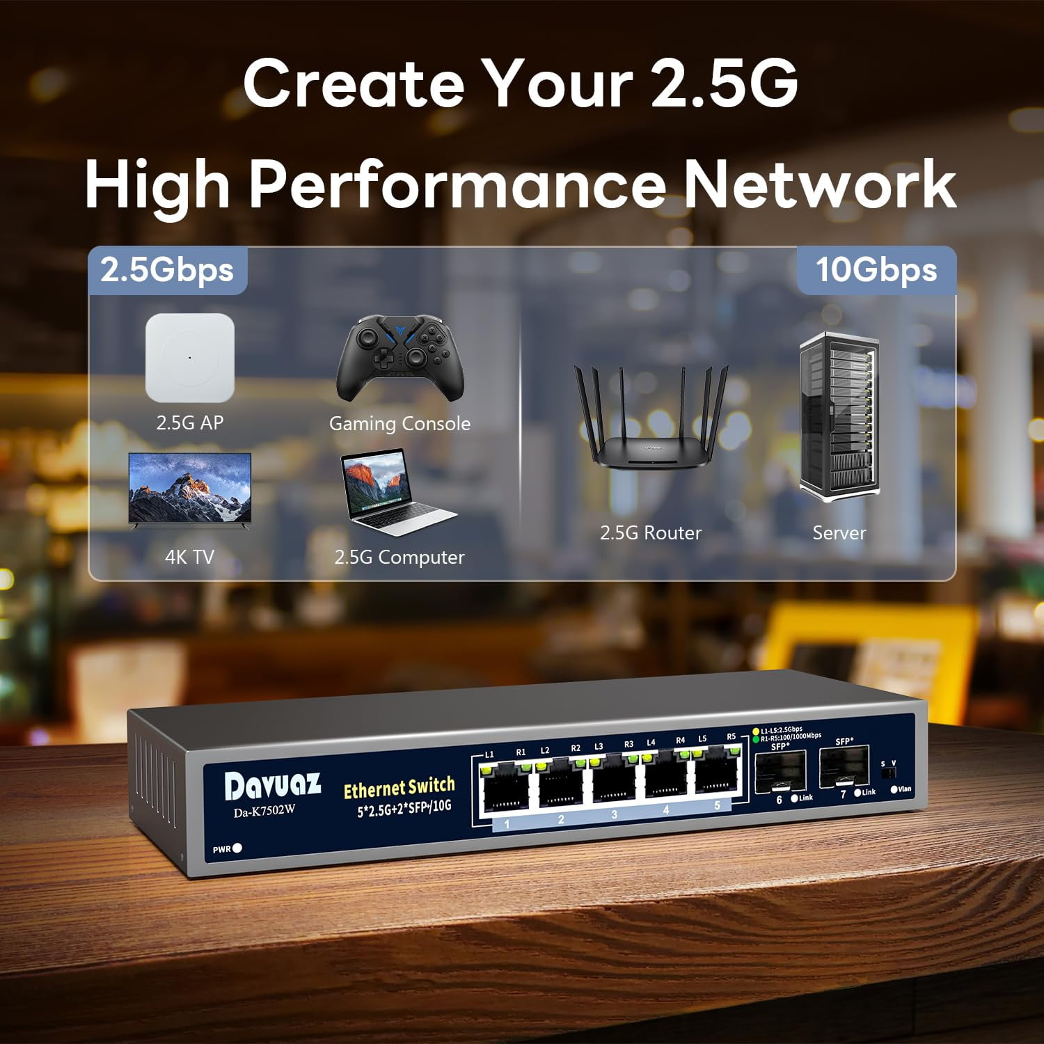 Davuaz 2.5G Unmanaged Ethernet Switch with 5 x 2.5G Base-T Ports and 2 x 10G SFP Uplink Port, Compatible with 100/1000/2500Mbps, Fanlesss Design, Plug & Play, Metal 2.5Gb Network Switch