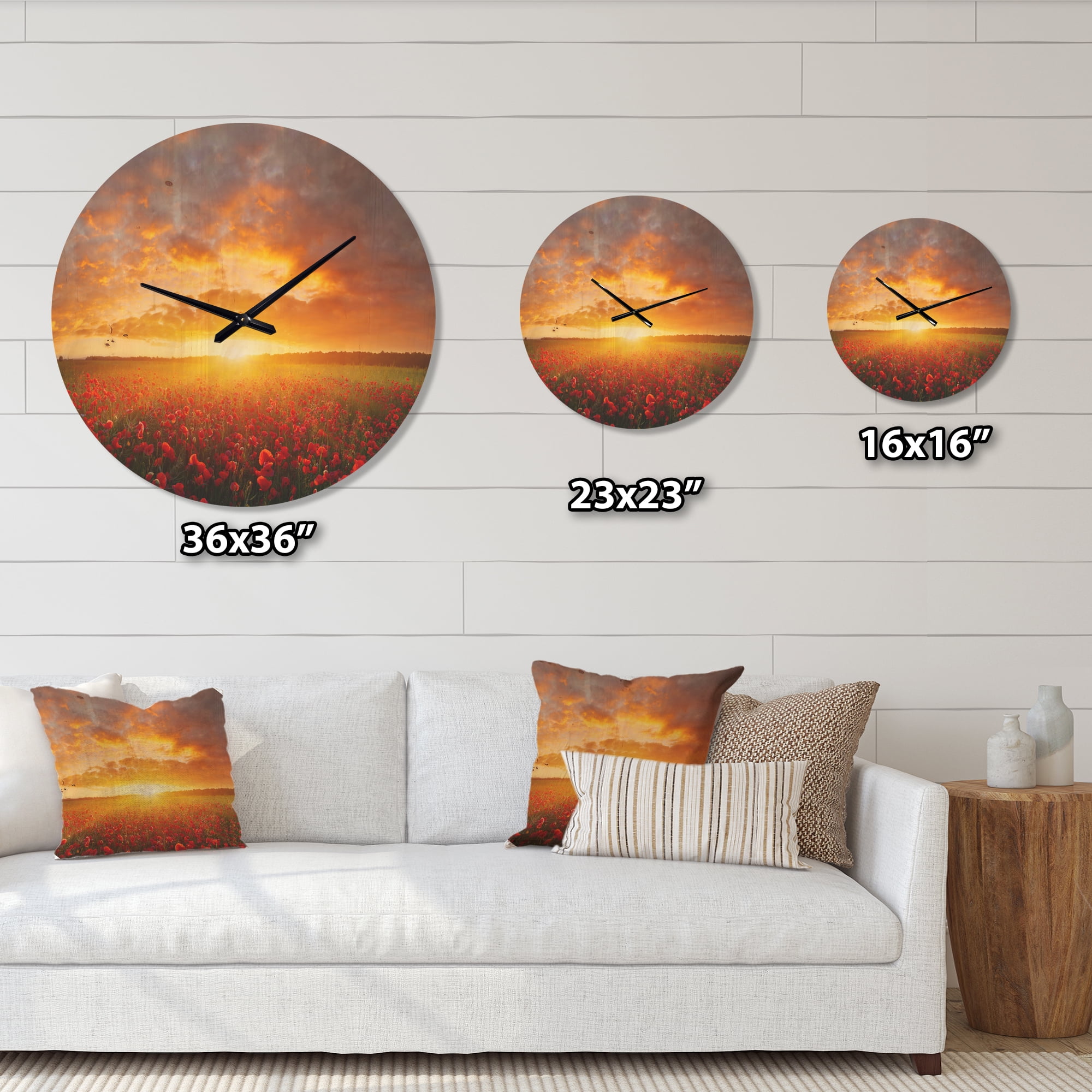 Designart 'Poppy Field under Bright Sunset Glow' Modern Wood Wall Clock