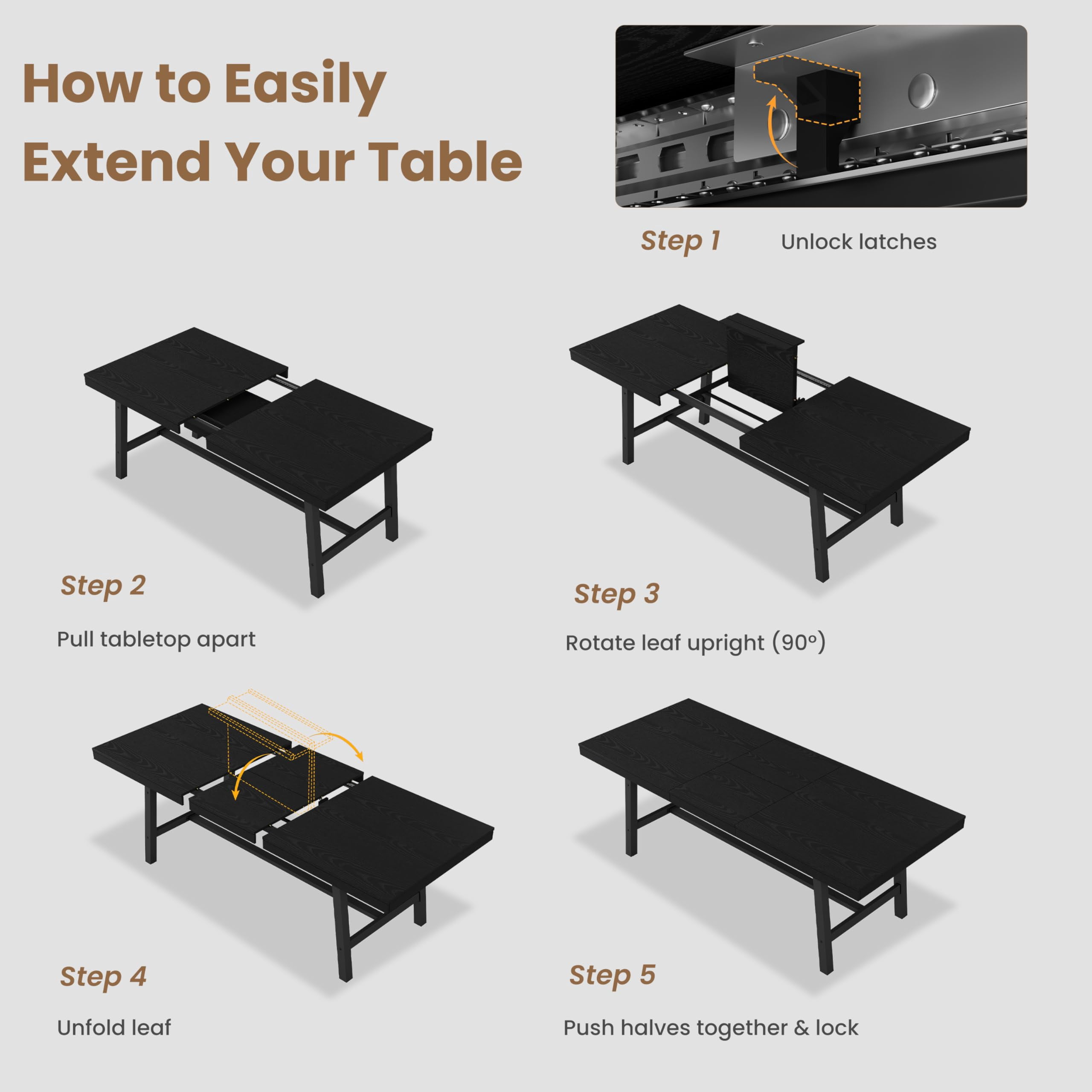 63"-83" Extendable Industrial Dining Table - Seats 6-8 - Expandable Rectangular Kitchen Table with Metal Frame for Parties-Black