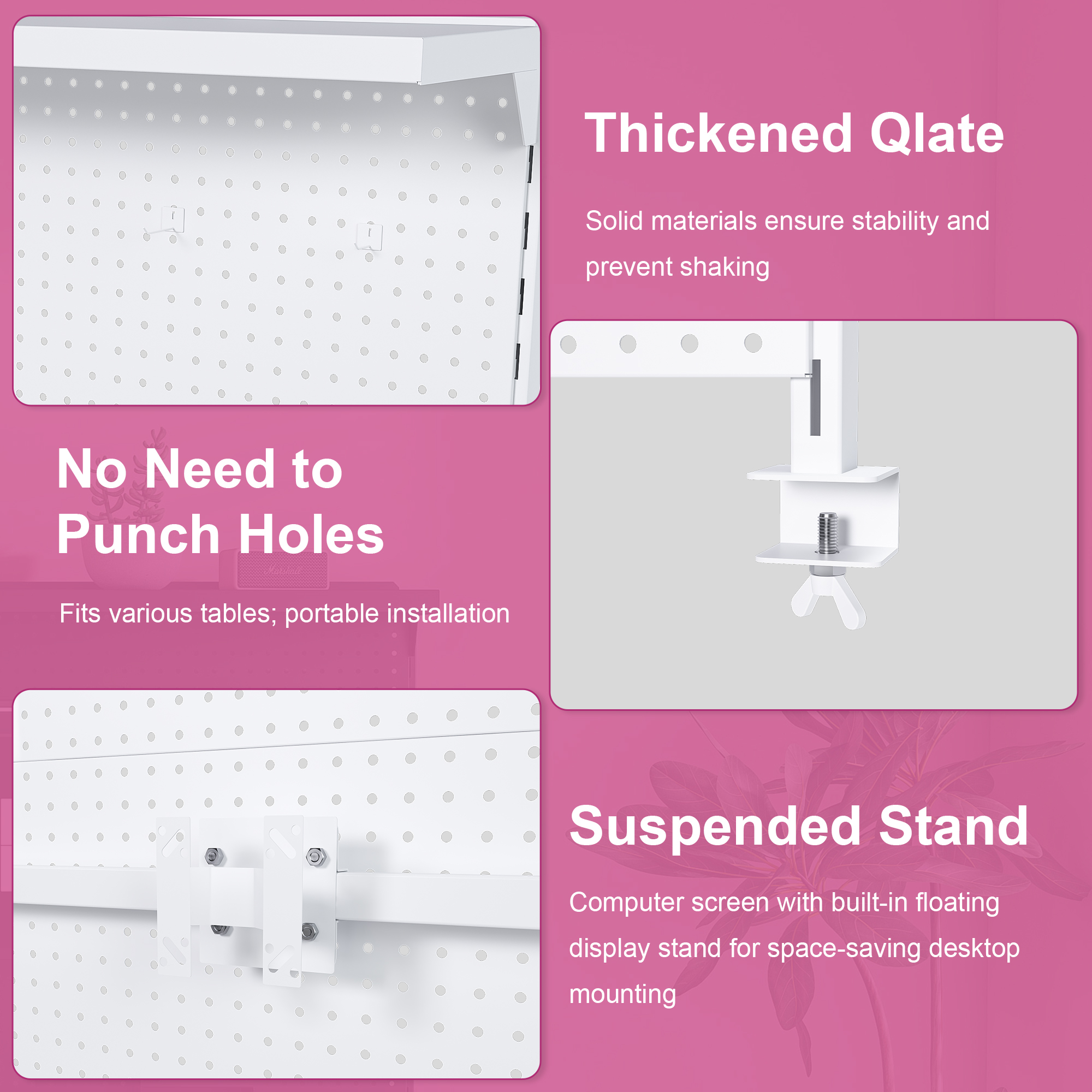 Montary Gaming & Office Desk Organizer with Dual Monitor Stand, 59x35" Metal Pegboard Privacy Panel, White