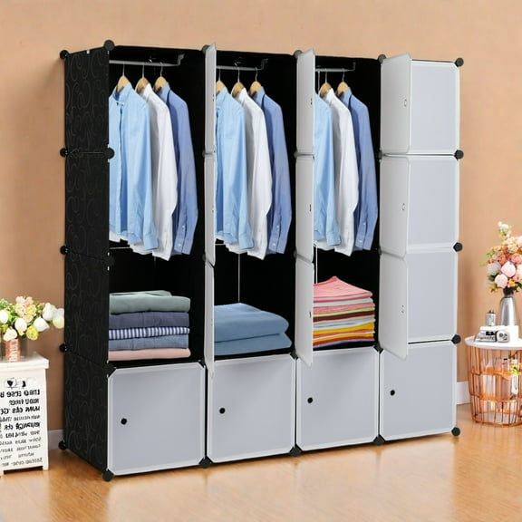 HLL 16-Cube Multifunctional Plastic Stackable Cube Storage Closet Organizer, Modular Cabinet with Shelves and Hanging Rod, 55.2" W x 17.7" D x 55.2" H White Doors and Black Panels