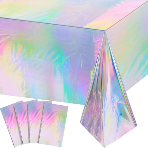 4 Pack Iridescent Tablecloths, Disposable Plastic Table Covers with Holographic Laser Foil Finish, Shiny Rectangle Party Tablecloth for Birthday, Wedding, Celebration Decorations