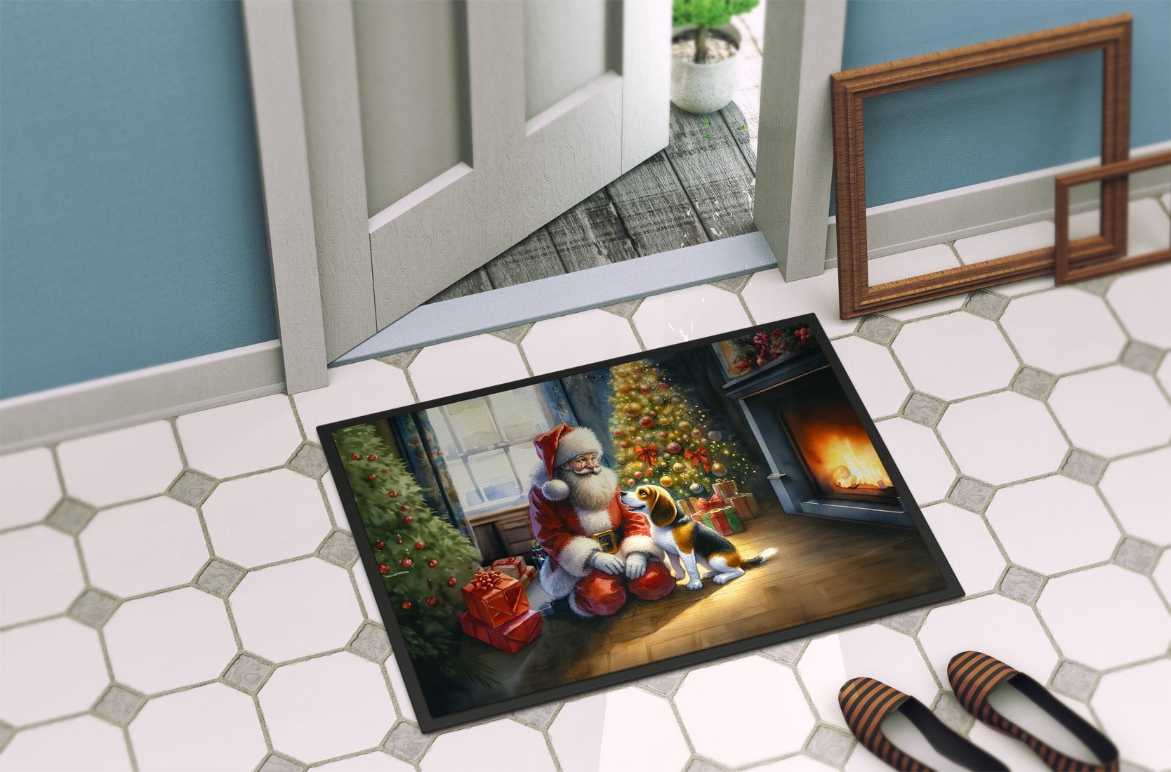 Caroline's Treasures DAC4064JMAT Beagle and Santa Claus Doormat Front Door Mat Indoor Outdoor Rugs for Entryway, Non Slip Washable Low Pile, 24H X 36W