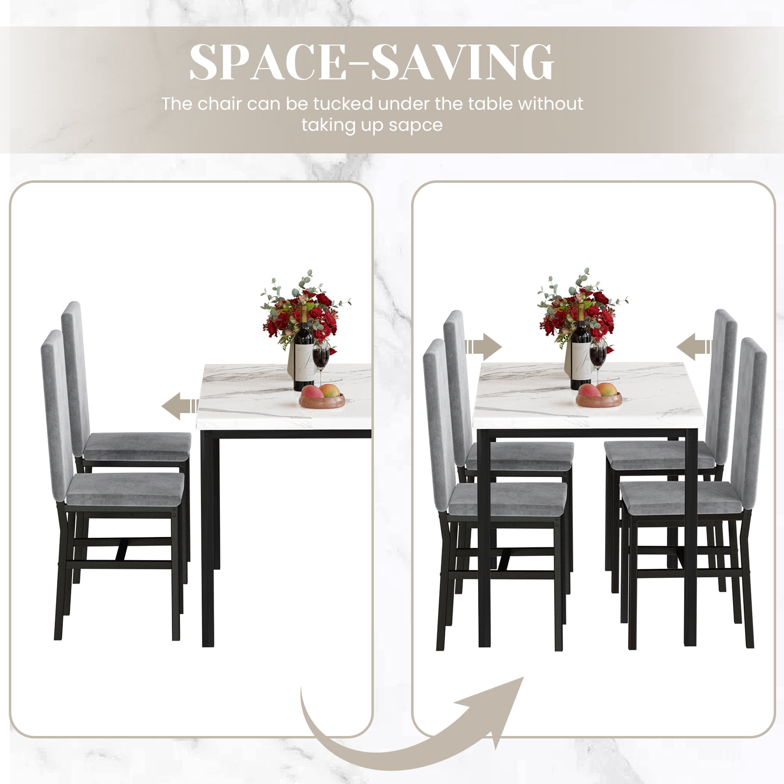 Cvortll 5 Pieces Dining Room Table Set for 4, Space Saving Kitchen Table and Chairs , Set with 4 Upholstered PU Leather Chairs and Faux Marble Tabletop, Gray + White