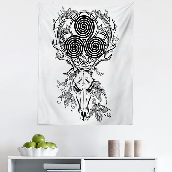 Celtic Tapestry, Deer Skull with Feather and Celtic Spiral on the Horns Boho, Fabric Wall Hanging Decor for Bedroom Living Room Dorm, 5 Sizes, Black White, by Ambesonne