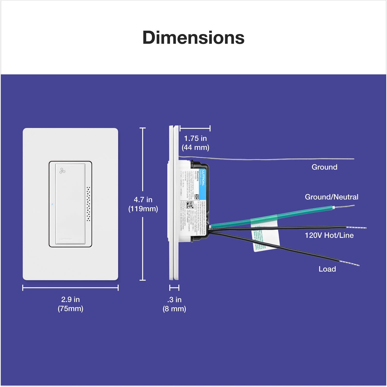 Lutron MS-HS3-WH Maestro Xactsense Humidity Sensor Switch, 3A Fan/Light, Neutral Or Ground