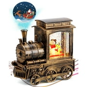 Famistar Christmas Snow Globe Lantern Train with Santa Sleigh Projection, Water Swirling Glitter Musical and Lighted USB Powered & Battery Operated Music Box for Christmas Home Decoration Gift