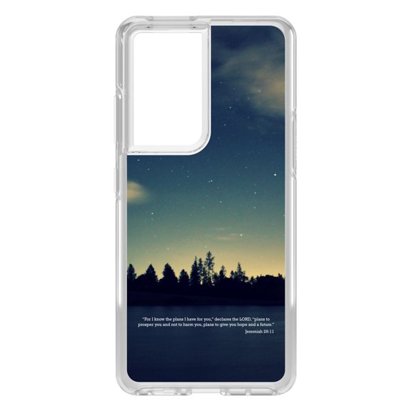 DistinctInk Clear Shockproof Hybrid Case for Galaxy S21 ULTRA 5G (6.8" Screen) - TPU Bumper, Acrylic Back, Tempered Glass Screen Protector - Night Sky Lake Jeremiah 29:11 - Love of Christ
