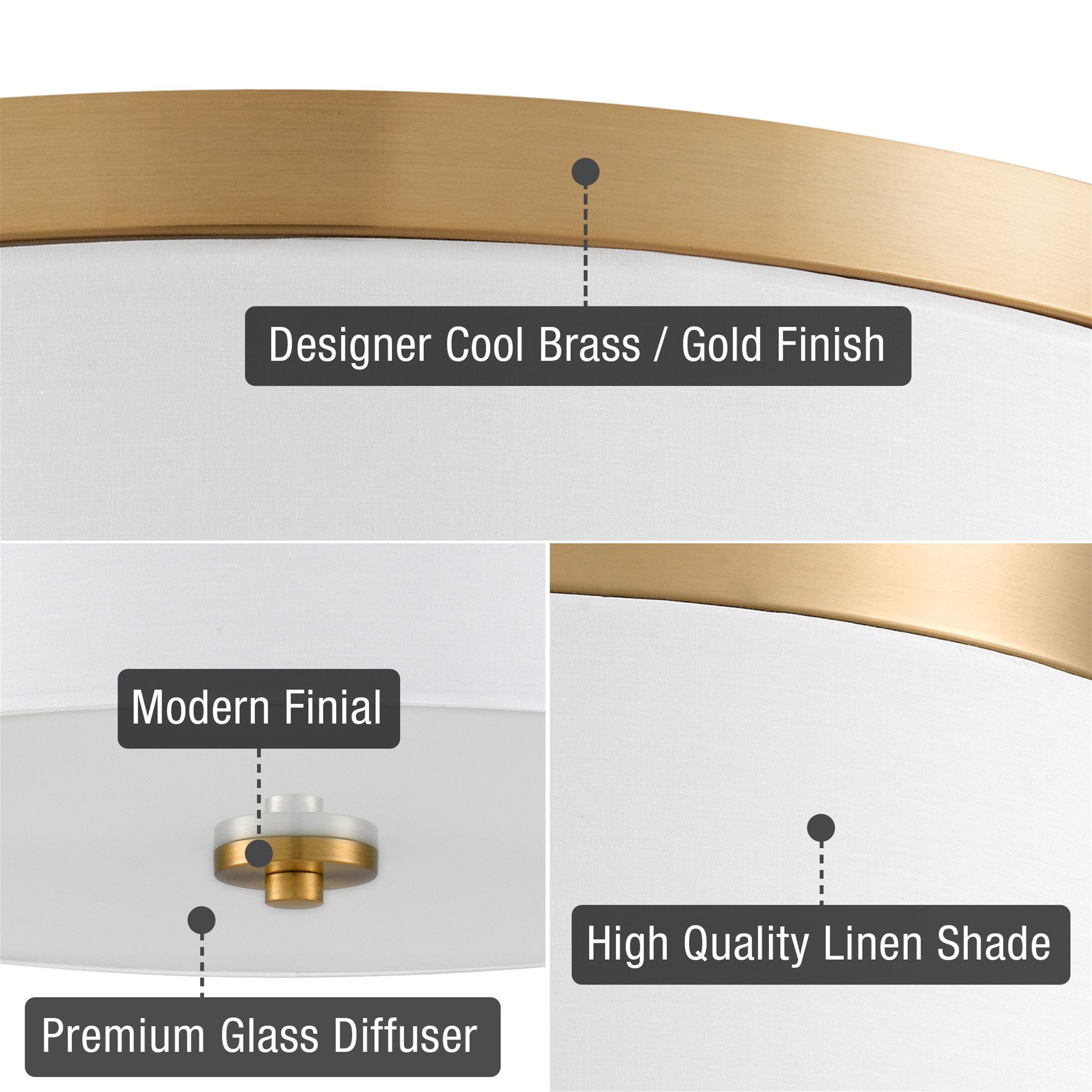 Kira Home Walker 15" Drum Gold Flush Mount Ceiling Light, White Fabric Shade, Frosted Glass Diffuser, Close to Ceiling