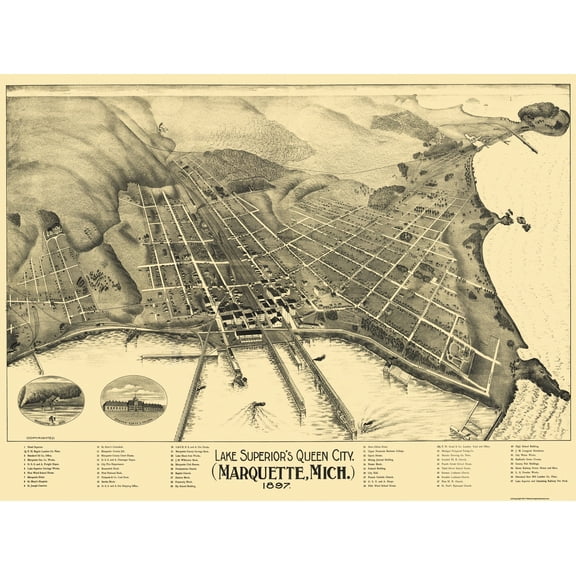 Historic Panoramic View - Marquette Michigan - 1897 - Vintage Wall Art