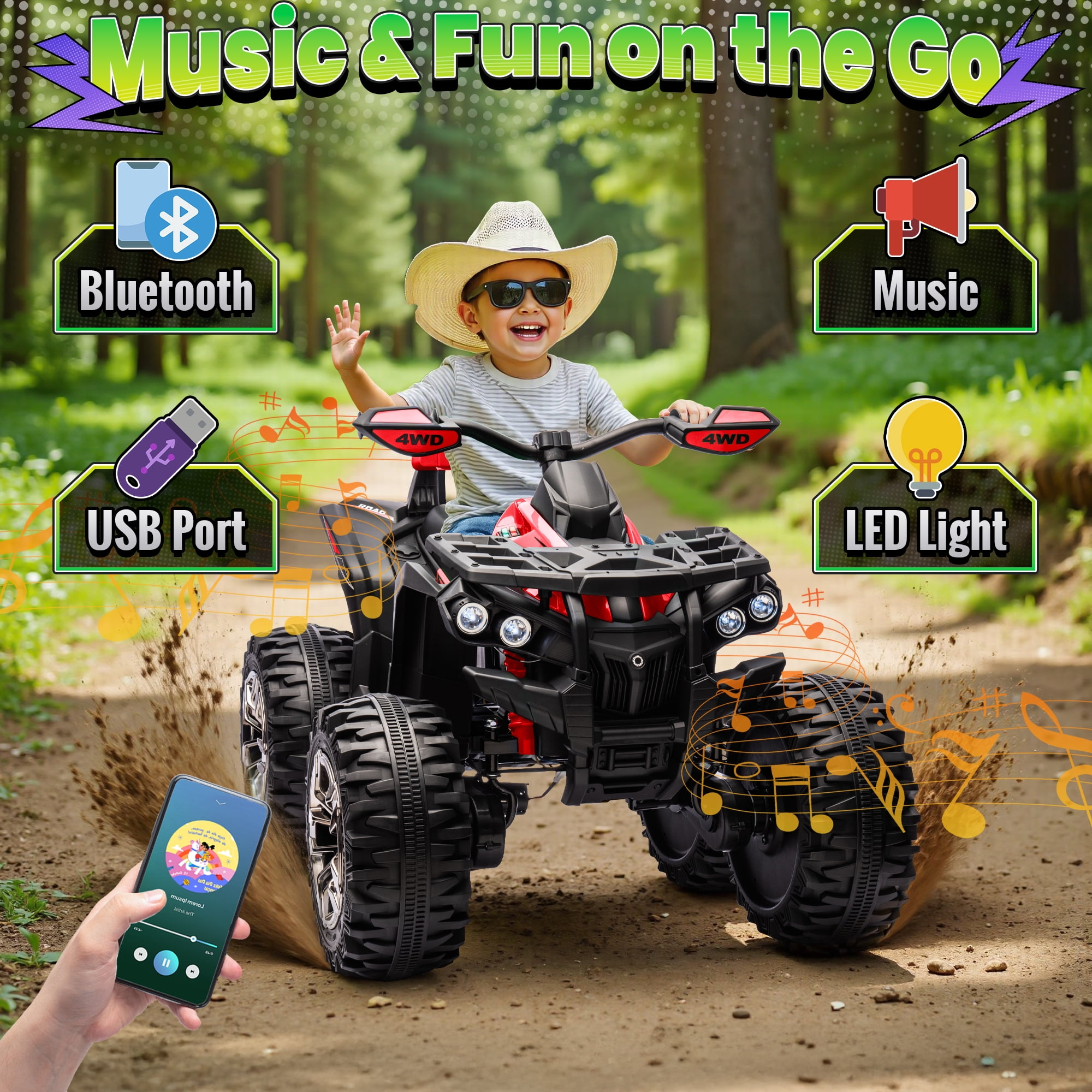 Joyracer 4WD ATV for Kids, 24 Volt Ride on Toys, Power ATV Wheels with 800W Motor, Remote, Bluetooth Music, Horn, LED for Big Kids Gift, Red