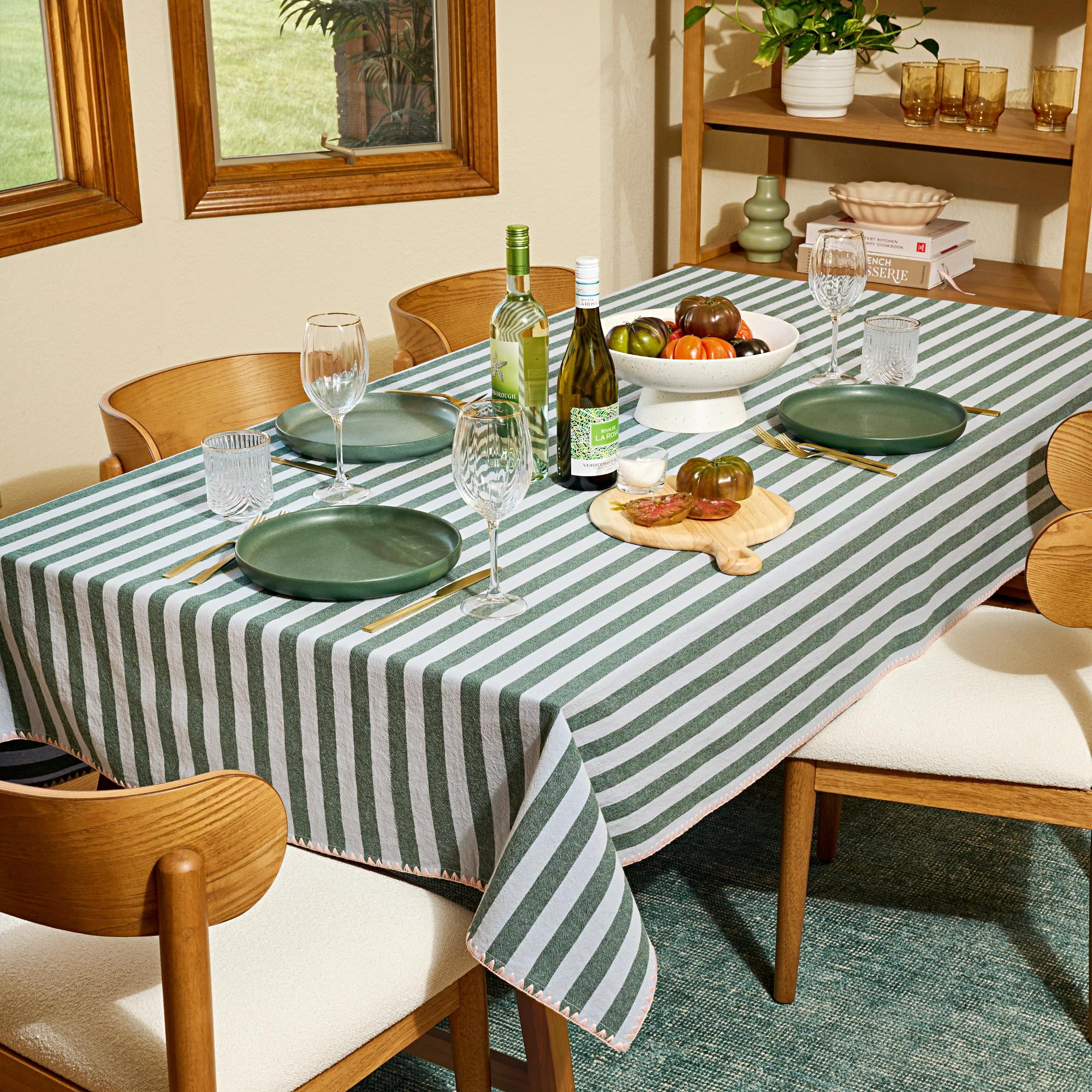 Beautiful Home by Drew Barrymore Yarn Dyed Stripe Whipstitch Fabric Tablecloth, Thyme Blue, 102 in x 60 in