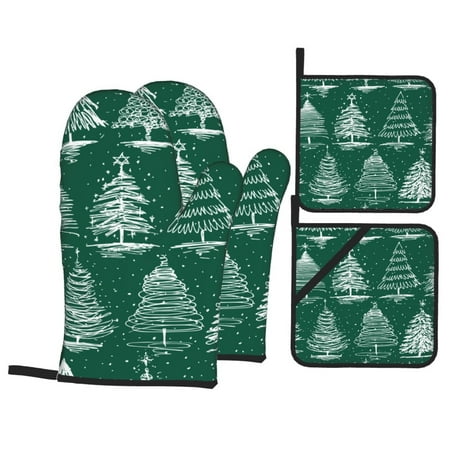 

Oven Mitts and Pot Holders Sets 4 pcs Christmas Trees Non-Slip Oven Gloves Potholders Soft Quilted Lining Heat Resistant Gloves Hot Pads for Kitchen Cooking Baking