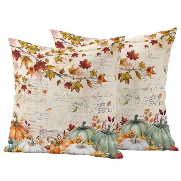 Outdoor Pillow Covers 26x26 Set of 2, Fall Green Orange Pumpkins Waterproof Patio Throw Pillow Covers for Couch Sofa Chair, Maple Leaf Tree Thanksgiving Decorative Pillowcases for Throw Pillows