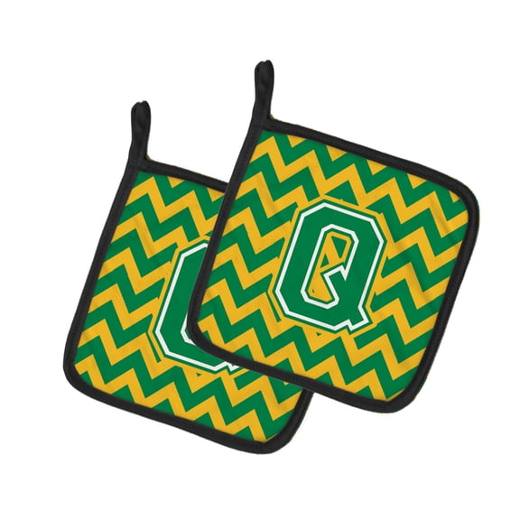 Letter Q Chevron Green and Gold Pair of Pot Holders