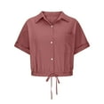 thumbnail image 4 of LIUJUNSHOP Womens Cropped Button Down Shirt Drawstring Waist Blouse Short Sleeve Casual Loose Fit Tops Summer Crop Shirts, 4 of 6