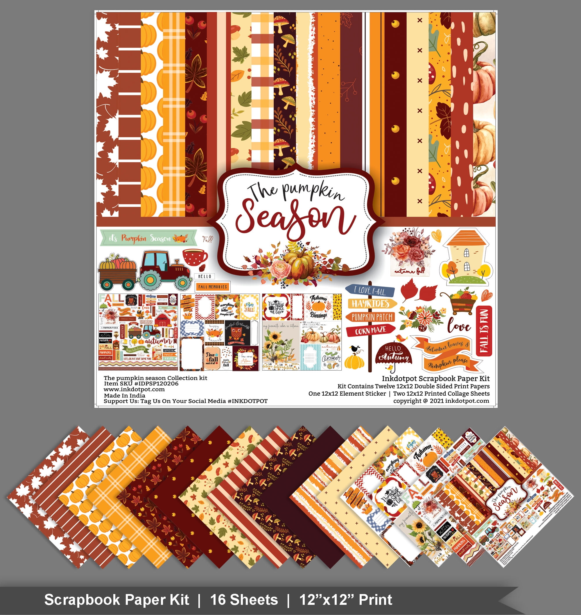 Inkdotpot Autumn Fall Theme Collection Double-Sided Scrapbook Paper Kit Cardstock 12"x12" Card Making Paper Pack With Sticker Sheet - 16 Pages - Orange