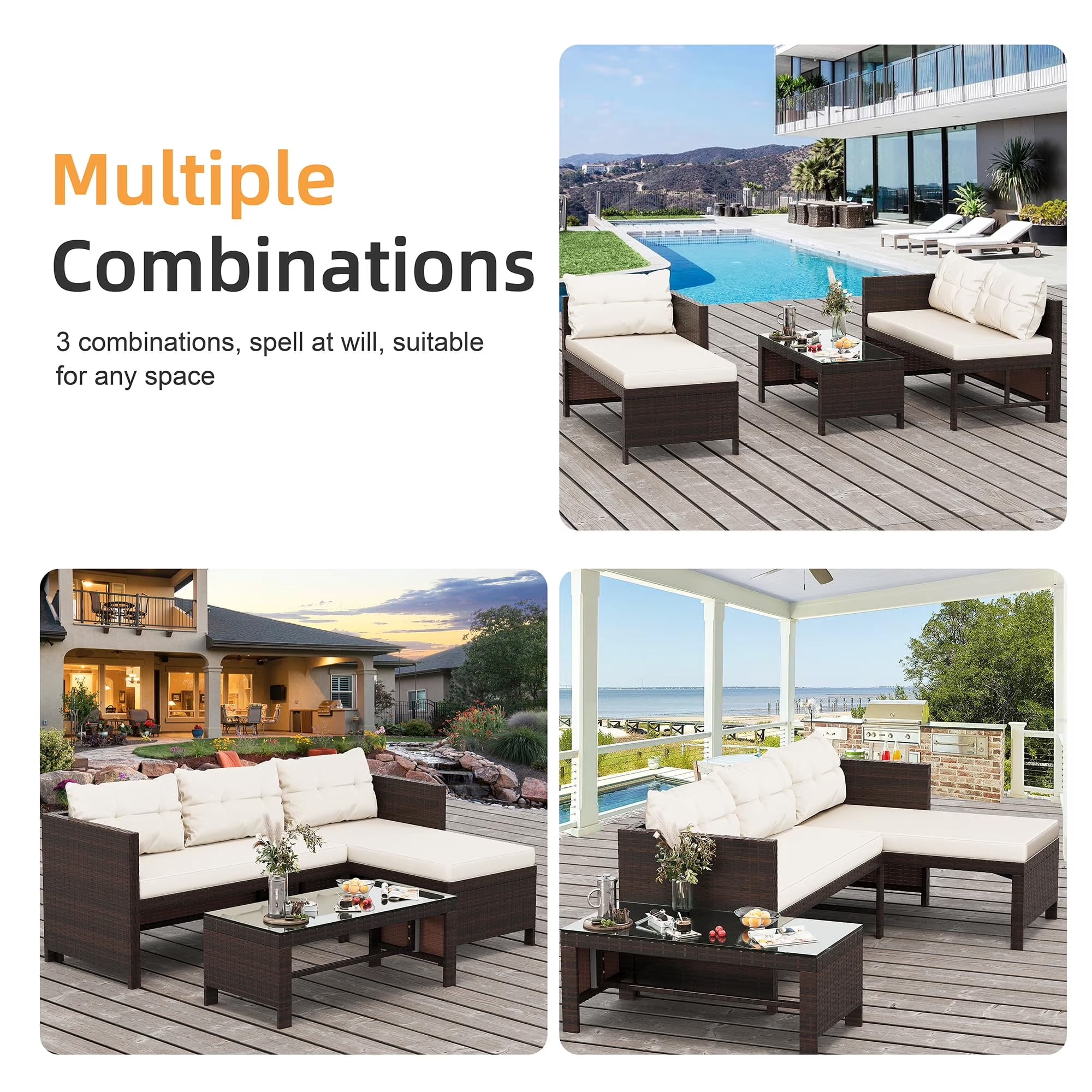 Tappio 5 Pieces Patio Furniture Sets All Weather Outdoor Sectional Patio Sofa Manual Weaving Wicker Rattan Patio Seating Sofas with Cushion and Glass Table